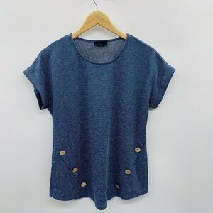 Misia Fashion Womens Size Small Short‎ Sleeve Textured Knit Top Buttons Blue 530